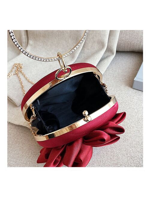 Red Flower Clutch Purse  Women Round  Evening Bag Crystal Diamond Wedding Silk Handbag Exquisite Chain Shoulder Bags FTB154
