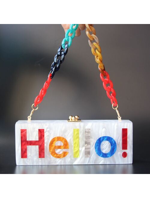 Acrylic Box Clutches Name Letters Colorful Hello Long Female Flap Evening Party Travel Summer Beach Women Shoulder Purses Wallet