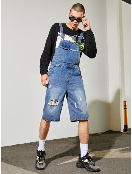 Shein Men Ripped Pocket Front Washed Denim Overall