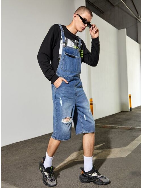 Shein Men Ripped Pocket Front Washed Denim Overall
