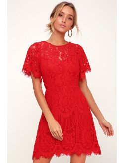 Pearson Red Lace Short Sleeve Dress