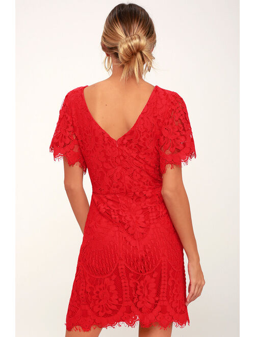 Lulus Pearson Red Lace Short Sleeve Dress