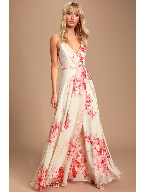 Lulus Elegantly Inclined Cream and Coral Floral Print Wrap Maxi Dress