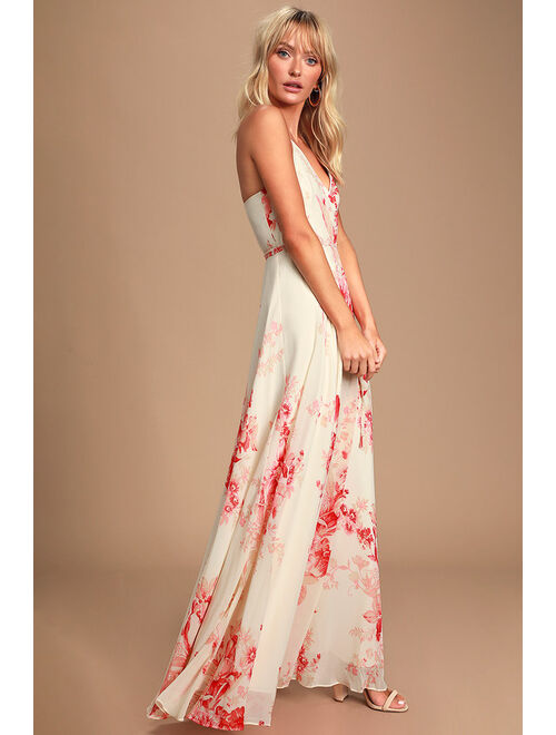 Lulus Elegantly Inclined Cream and Coral Floral Print Wrap Maxi Dress