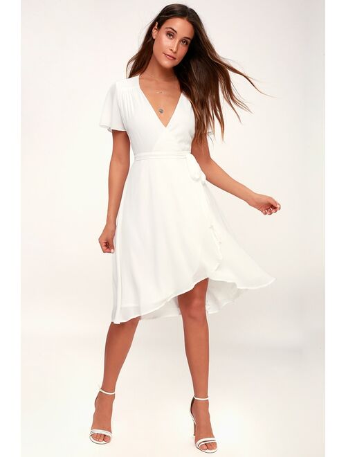Lulus Rise to the Occasion White Midi Wrap Dress