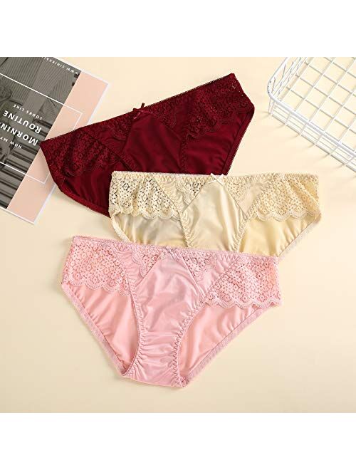 Womens Sexy Underwear, BIONEK Satin Bikini Panties Silky Lace Underwear Hipster Cheeky Panty Pack of 6