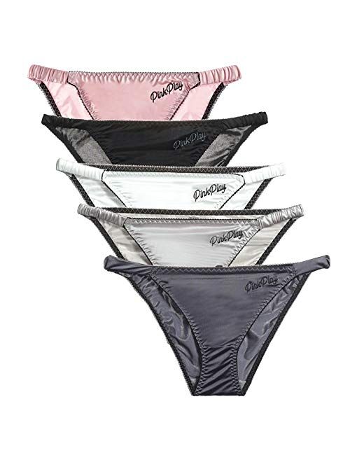 YAWAN 5 Pack Women Bikini Panties Silky Briefs Sexy Satin Underwear Low Waist Ice Silk Briefs Breathable Comfort