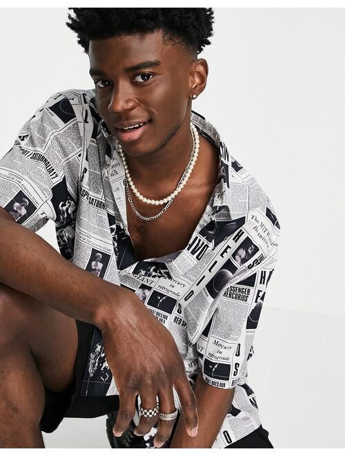 Asos Design boxy oversized shirt in all over newspaper print