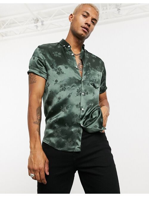 Asos Design stretch satin muscle shirt in green floral jacquard