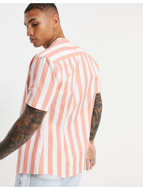 Asos Design oxford skinny fit grandad collar stripe shirt in orange