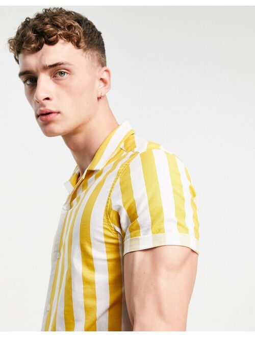 Asos Design stretch slim oxford stripe revere shirt in yellow & white