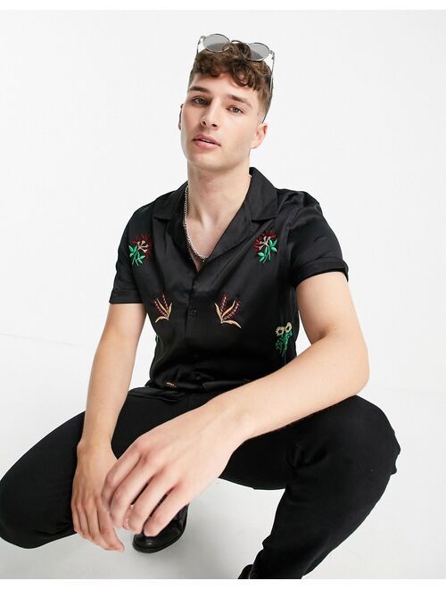 Asos Design regular revere satin shirt in black with embroidery detail