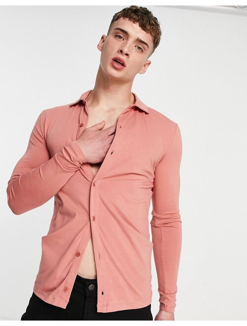Asos Design organic long sleeve button through jersey shirt in washed pink