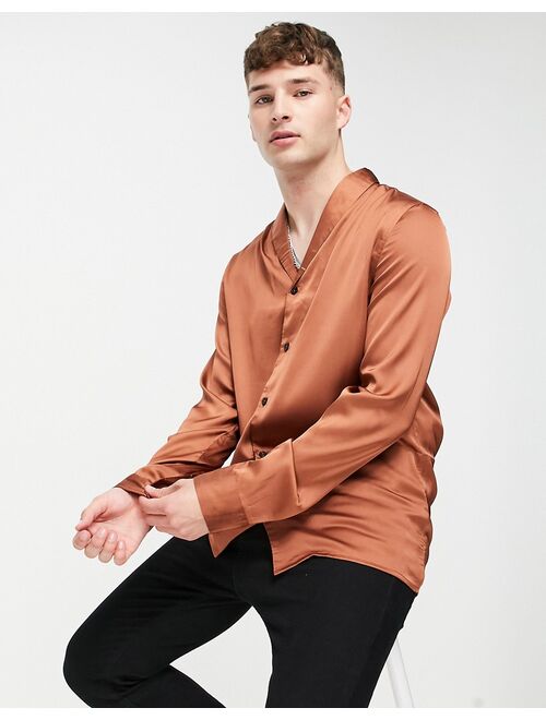 Asos Design regular satin shirt with shawl neck in copper