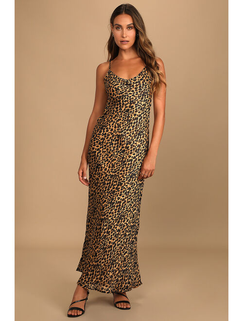 Lulus Delightfully Wild Tan Leopard Print Tie-Back Column Maxi Dress