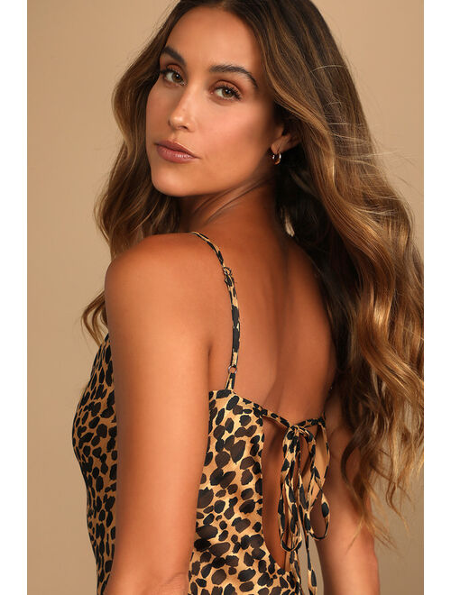Lulus Delightfully Wild Tan Leopard Print Tie-Back Column Maxi Dress