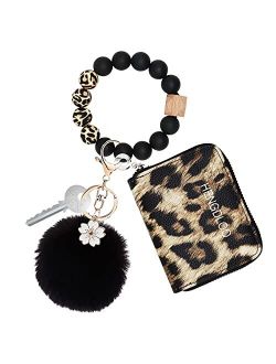 Leopard Wallet Keychain Bracelet for Women, Bangle Keychain Wallet, Silicone Beaded Keychain Wristlet Wallet for Women, Bracelet Wrist Key Chain Wristlet Bangle Wallet Ke