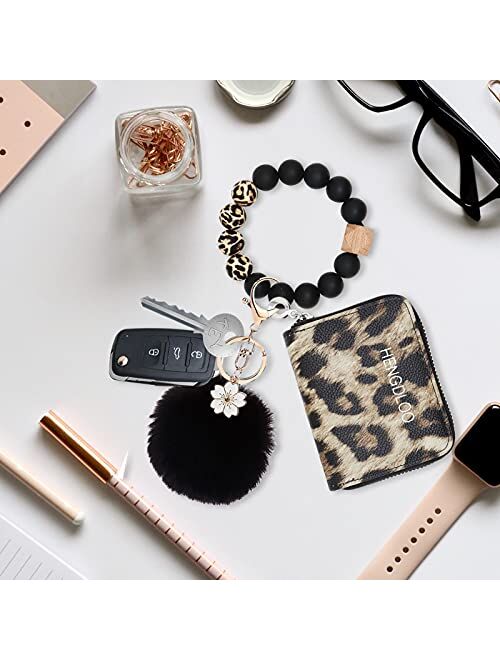 Leopard Wallet Keychain Bracelet for Women, Bangle Keychain Wallet, Silicone Beaded Keychain Wristlet Wallet for Women, Bracelet Wrist Key Chain Wristlet Bangle Wallet Ke