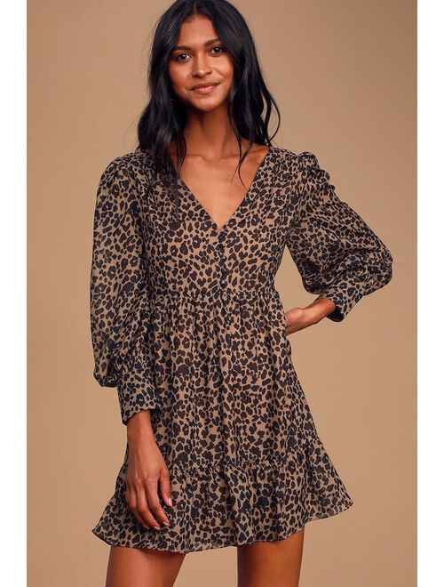 Lulus Rock It Out Brown and Black Leopard Print Babydoll Dress