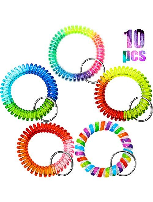 10 Pieces Colorful Spring Wrist Coil Keychain Rainbow Spiral Coil Wristband Stretch Key Chain Key Ring for Gym, Pool, ID Badge