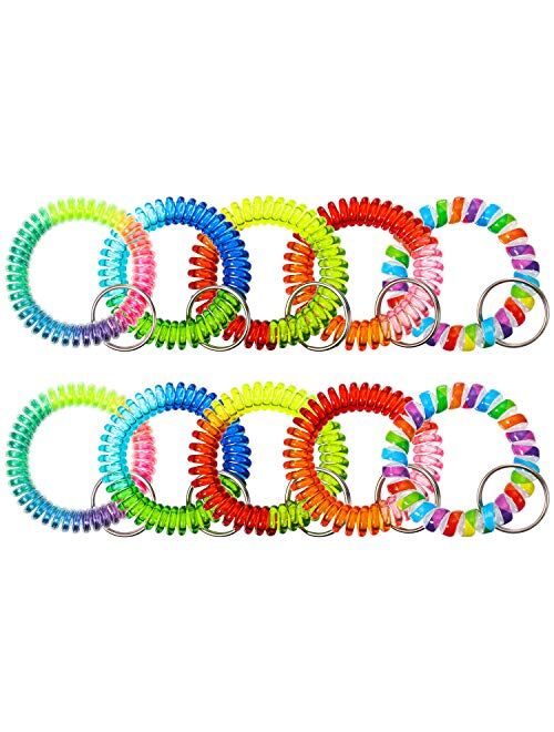 10 Pieces Colorful Spring Wrist Coil Keychain Rainbow Spiral Coil Wristband Stretch Key Chain Key Ring for Gym, Pool, ID Badge