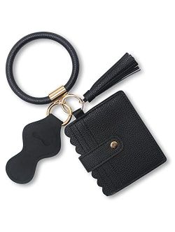 Bangle Keychain Bracelet,ATLYEROZ Leather Wristlet Keyring with Wallet and Lipstick Holder for Women