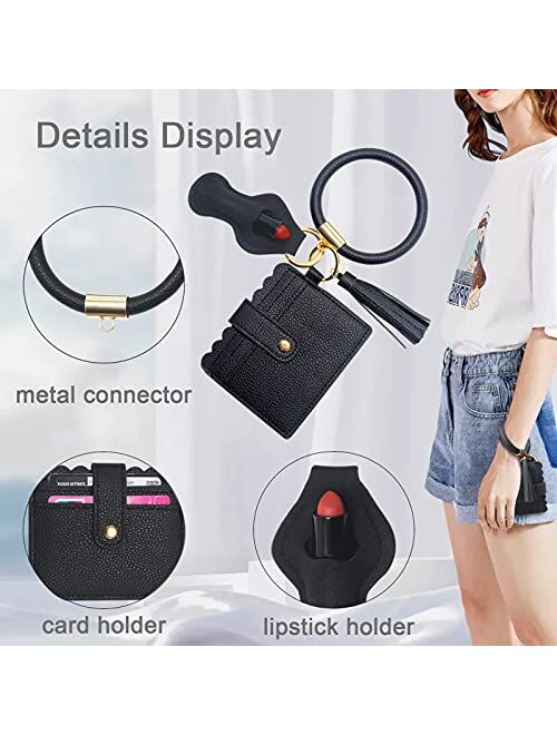 Bangle Keychain Bracelet,ATLYEROZ Leather Wristlet Keyring with Wallet and Lipstick Holder for Women