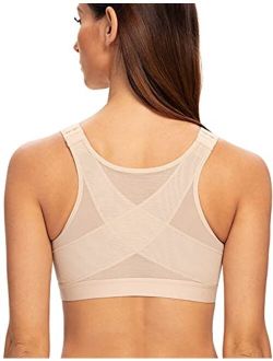 MELENECA Women's Front Closure Wirefree Post Surgery Plus Size Back Support Posture Bra