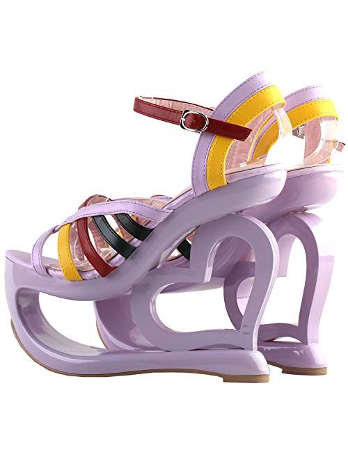 SHOW STORY Retro Multicoloured Strappy Heart Heel Wedge Evening Platform Sandals,LF40223