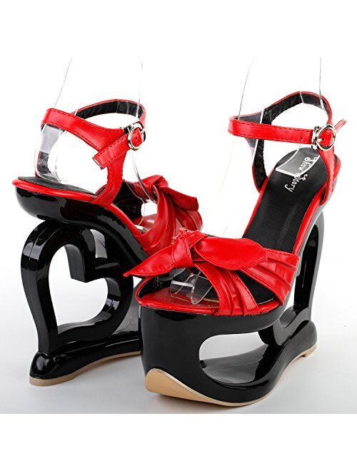 SHOW STORY Sexy Black Red Criss Cross Heart Heel Wedge Party Sandals,LF40208