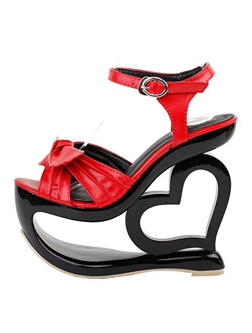 SHOW STORY Sexy Black Red Criss Cross Heart Heel Wedge Party Sandals,LF40208