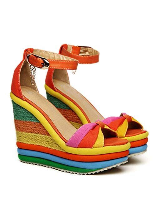 SaraIris Sandals for Women Gladiator Ankle Strap High Heel Platform Wedge Rainbow Sandals for Women 