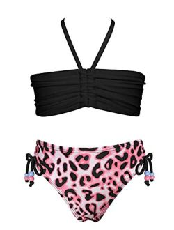 Girls 2 Piece Swimsuit Ruched Halter Bikini Top Floral Print Swim Bottom