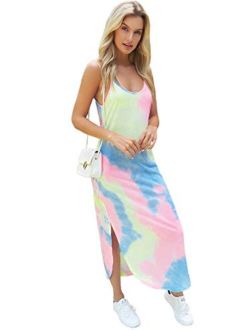 Women's Summer Casual Sleeveless Strappy Loose Split Long Maxi Dress