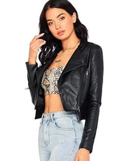 Women's Zipper Front Casual PU Leather Cropped Jacket Long Sleeve Bolero