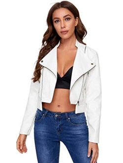 Women's Zipper Front Casual PU Leather Cropped Jacket Long Sleeve Bolero