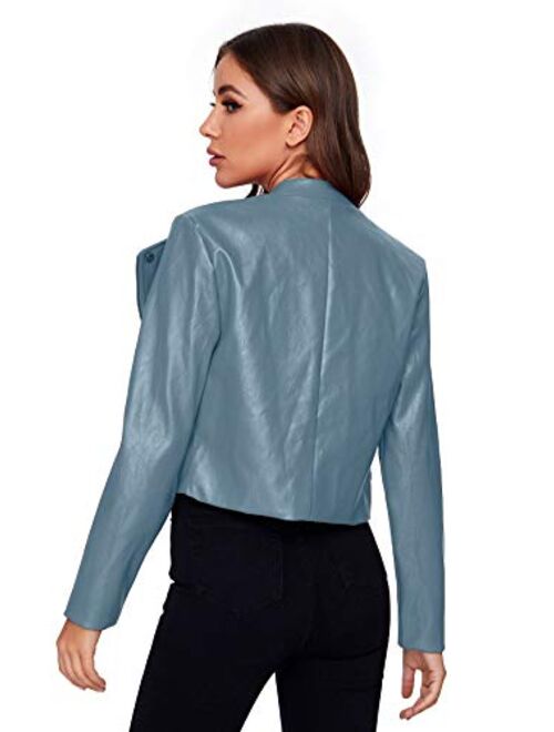 SheIn Women's Zipper Front Casual PU Leather Cropped Jacket Long Sleeve Bolero