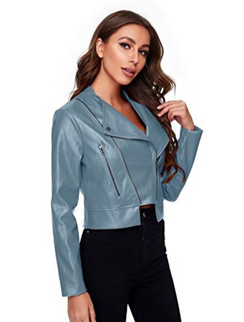 SheIn Women's Zipper Front Casual PU Leather Cropped Jacket Long Sleeve Bolero