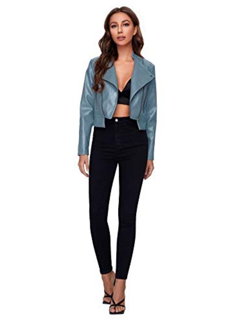 SheIn Women's Zipper Front Casual PU Leather Cropped Jacket Long Sleeve Bolero