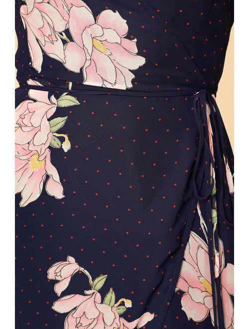 Lulus Loiselle Navy Blue Floral Print Polka Dot Wrap Maxi Dress