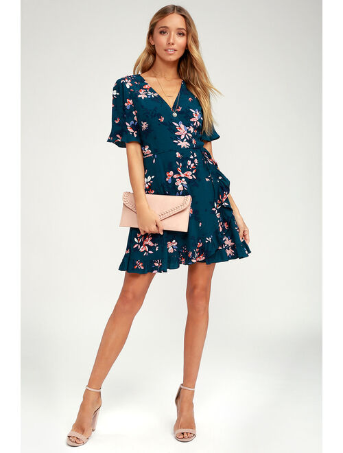 Lulus Dalton Teal Blue Floral Print Ruffled Wrap Dress