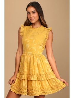 True as Can Be Mustard Yellow Burnout Floral Ruffled Mini Dress