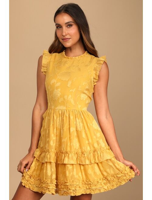 Lulus True as Can Be Mustard Yellow Burnout Floral Ruffled Mini Dress