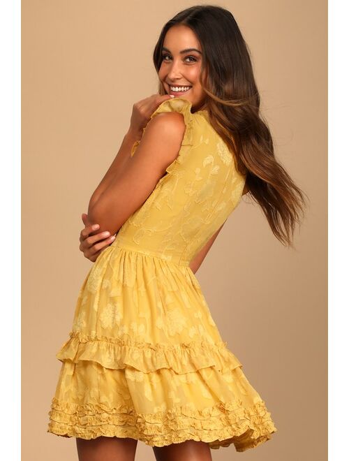 Lulus True as Can Be Mustard Yellow Burnout Floral Ruffled Mini Dress