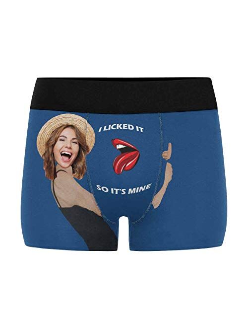 Custom Men's Boxer Briefs with Funny Photo Face, Personalized Novelty Underwear Lip I Licked It Navy Blue