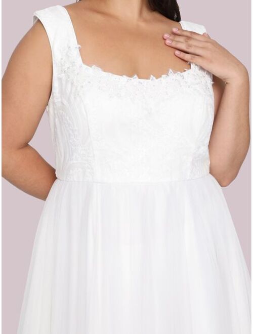 Ever-pretty Plus Contrast Lace & Mesh Backless Wedding Dress