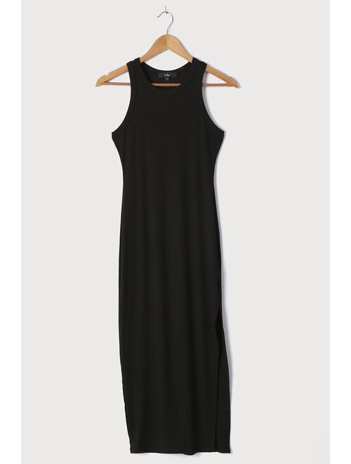 Lulus Simply Wonderful Black Ribbed Bodycon Midi Dress