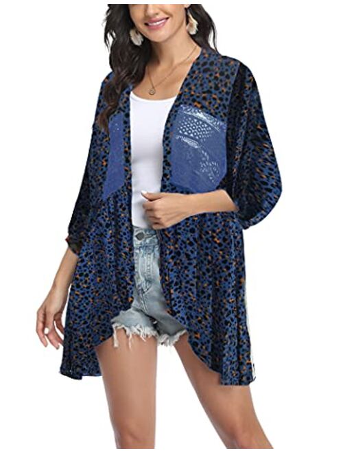 Hotouch Womens Cardigan Open Front 3/4 Sleeve Lace Lightweight Beach Summer Cover Up Tops