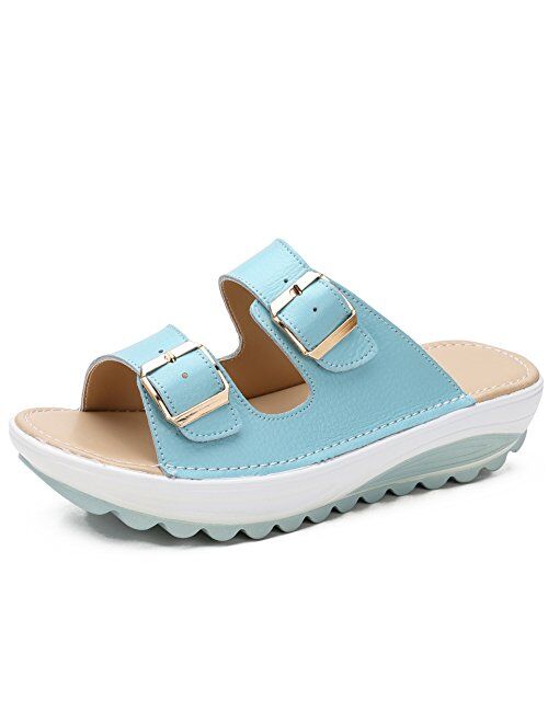 Womens Comfy Platform Low Wedge Heel Buckle Slide Sandals