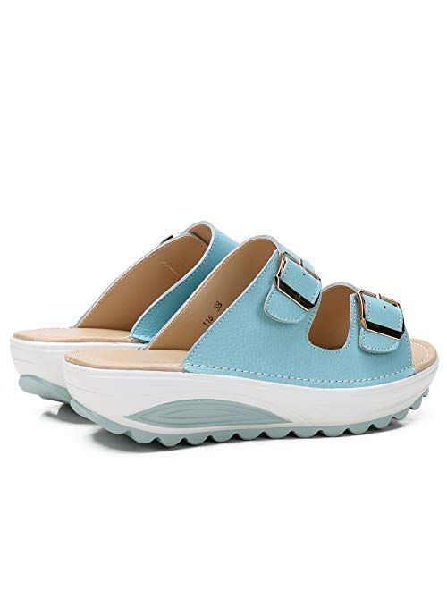 Womens Comfy Platform Low Wedge Heel Buckle Slide Sandals